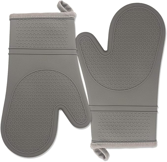 Oven Mitts, Potholders & Oven Mitts, Heat Resistant Silicone, Non-Slip, Flexible, Durable, Easy Clean, Cotton Lining, Each Oven Mitt is Double Sided (Pair of 2 Oven Mitts) Grey