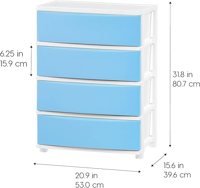 IRIS USA Plastic Drawer Storage Organizer, 4-Drawers, for Classroom Art Supplies Bathroom Dorm Bedroom Laundry Room, Wide, White Frame with Matte Blue Front Panels