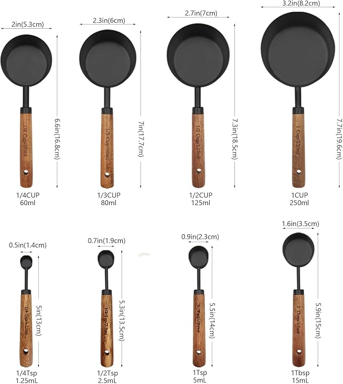 Black Measuring Cups and Spoons Set, Measuring Spoons and Measuring Cup Set for Cooking & Baking with Wood Handle
