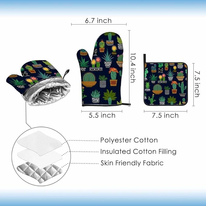 Cactus Oven Mitts and Pot Holders Sets Succulents Potted Plant Garden Nature Heat Resistant 3pcs for Cooking Baking BBQ