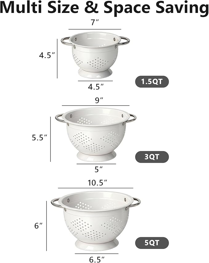Hillbond Colander Set for Kitchen, 1.5, 3, 5 Qt Stainless Steel Handle Food Strainers and Colanders for Pasta, Vegetables, and Fruits, Coated Metal Kitchen Essential Colanders