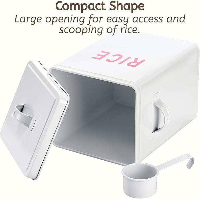 Youeon 10 Lbs Metal Rice Storage Container, Square Rice Canister with Lid and Measuring Scoop, Countertop Sealed Food Storage Container for Cereal, Beans, Pet Food, White