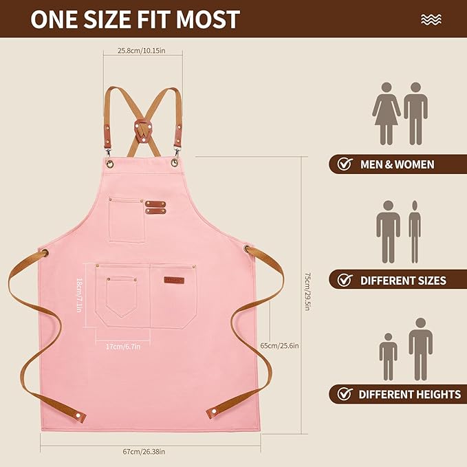 Chef Aprons for Men Women with 4 Large Pockets, Cotton Canvas Cross Back Adjustable Apron for Work grilling kitchen gardening