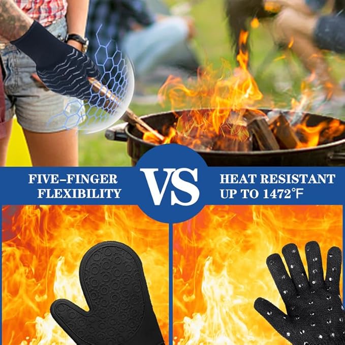 Grill Gloves, BBQ Gloves 1472°F Heat Resistant Fireproof Gloves, Kitchen Non-Slip Silicone Oven Mitt, Safe Hot Protection Extra Long Gloves for Grilling Cooking Barbecue Outdoor Camping Smoker