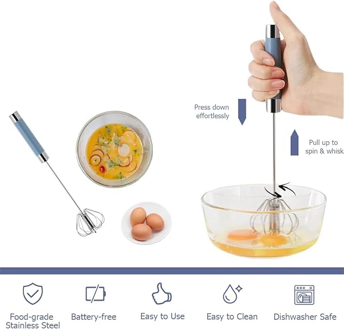 2 Pack Semi Automatic Whisk, Stainless Steel Mini Hand Push Whisks for Cooking, Easy to Use Hand Mixer Egg Beater Wisking Tool for Cooking, Whisking, Beating, Stirring