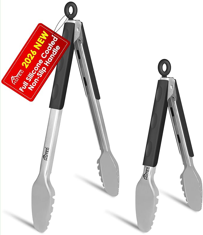 Hotec Stainless Steel Kitchen Tongs, Set of 2-9" and 12", Locking Metal Food Tongs for Cooking, Serving, BBQ, Grill Non-Slip Grip