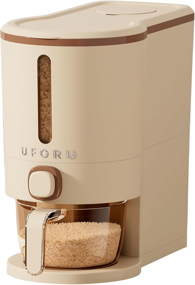 Rice Dispenser, Rice Storage Container with Measuring Cup for Kitchen Pantry Household, Cereal Dry Food Storage Containers Airtight, Sealed Moisture Proof (Brown 11 Lbs)