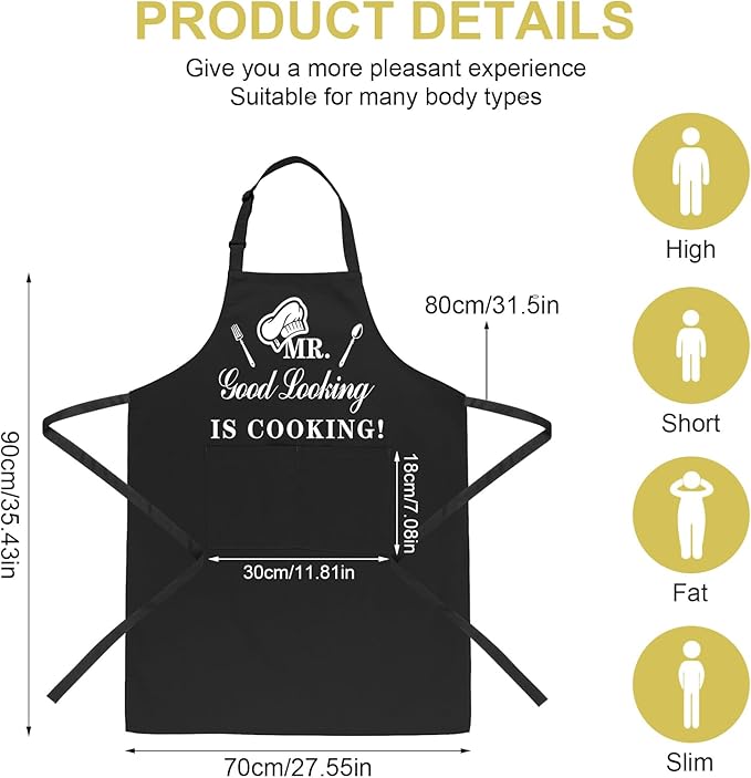 Funny Aprons for Men, MR GOOD LOOKING IS COOKING, Professional Kitchen Cooking Apron Chef Husband Bib Aprons With Double Pocket Adjustable for Father's Day Birthday Gift