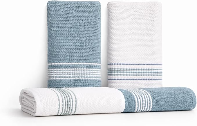 MosJos Kitchen Towels, Blue and White Stitched Design Hand Towels, Cotton Soft Large 18 x 28 Dobby Weave Super Absorbent Tea Towels Drying Cloth Kitchen Linens