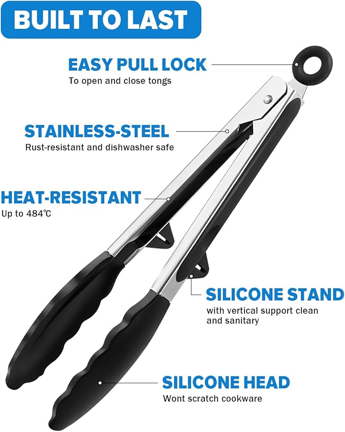 Kitchen Tongs for Cooking, Non Scratch Silicone Tip for Nonstick Cooking Pans, Food Grade Mini Serving Tongs, Pull Lock, Set of 3, Black (BLack, 9 inch)