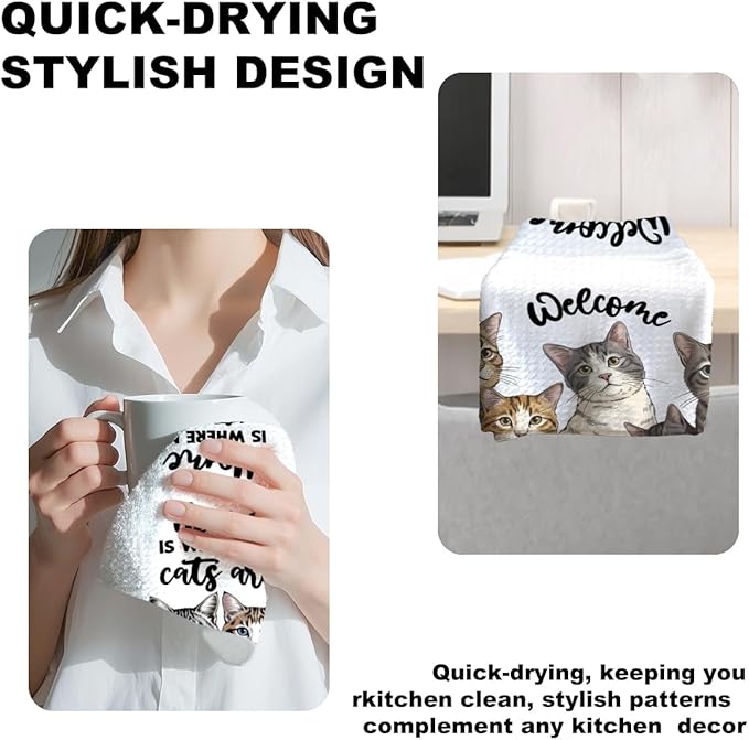 Jztco 4 Pcs Cute Cat Kitchen Towels 24x14 Inch, Cats Gifts Absorbent Hand Tea Towel, Microfiber Dish Cloths for Drying Dishes, Waffle Dish Towels for Kitchen Home Decor, Cat Lover Gifts for Women Mom