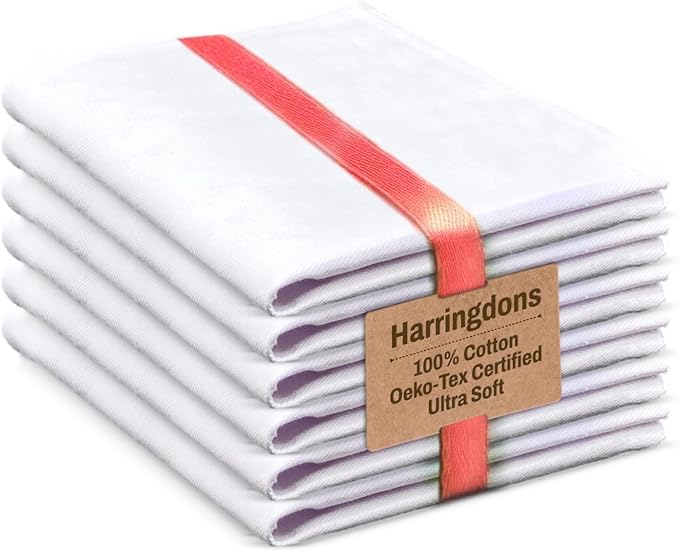 Harringdons 100% Cotton Kitchen Towels, Highly Absorbent Dish Towels for Kitchen with Hanging Loop, Large 20"x28" Washable Towels, Pure White, 6 Pack
