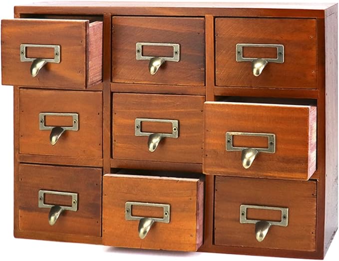 QWORK Desk Drawer Organizer, Wooden Vintage Apothecary Cabinet with 9 Drawers, Home Office & Tea & Dresser Bedroom Organization and Storage, Traditional Apothecary Cabinet