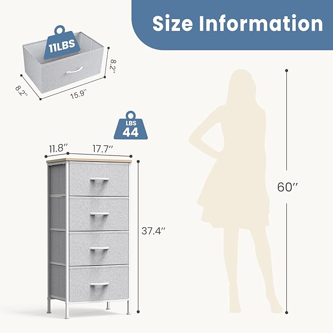 DUMOS Nightstand with 4 Drawers Bedside Table with Removable Fabric Bins Sturdy Steel Frame Wood Top Organizer Furniture for Bedroom Closet Living Room,Light Gray
