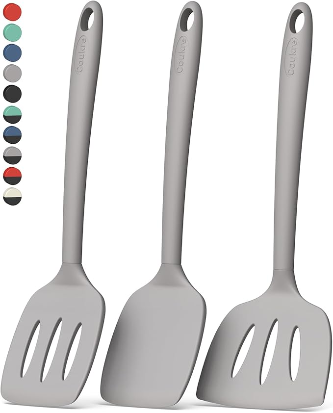 Coukre 3 Pack Silicone Spatula Set, High Heat Resistant, BPA-Free, Fish Spatula, Solid & Slotted Turner for Non-Stick Pans, Flipping Eggs, Pancakes, Fish, Burgers (3, PureGray)