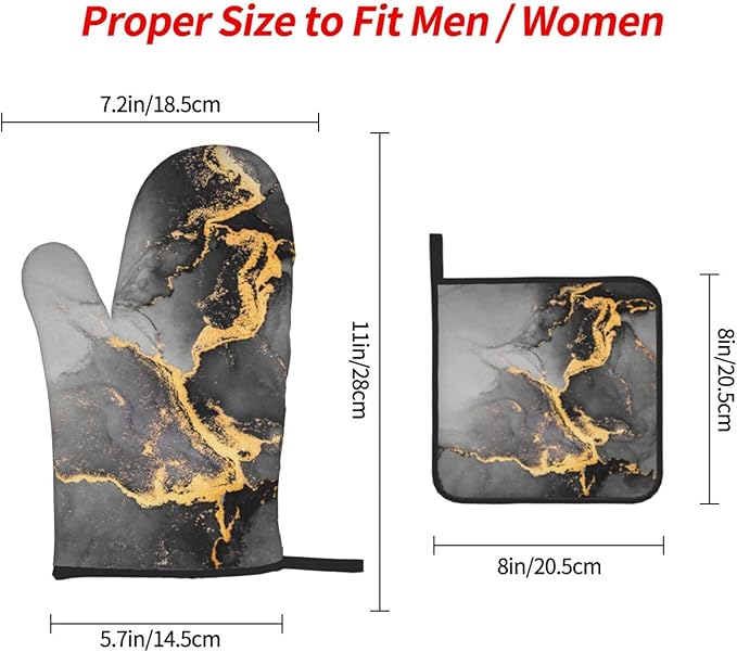 Black Gray Gold Marble Oven Mitts and Pot Holders Set Heat Resistant Abstract Modern Oven Gloves for BBQ Baking Grilling Cooking Kitchen Decor 3 Piece