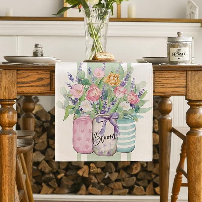 Artoid Mode Vase Bloom Tulip Lavender Summer Table Runner, Seasonal Spring Kitchen Dining Table Decoration for Home Party Decor 13x120 Inch