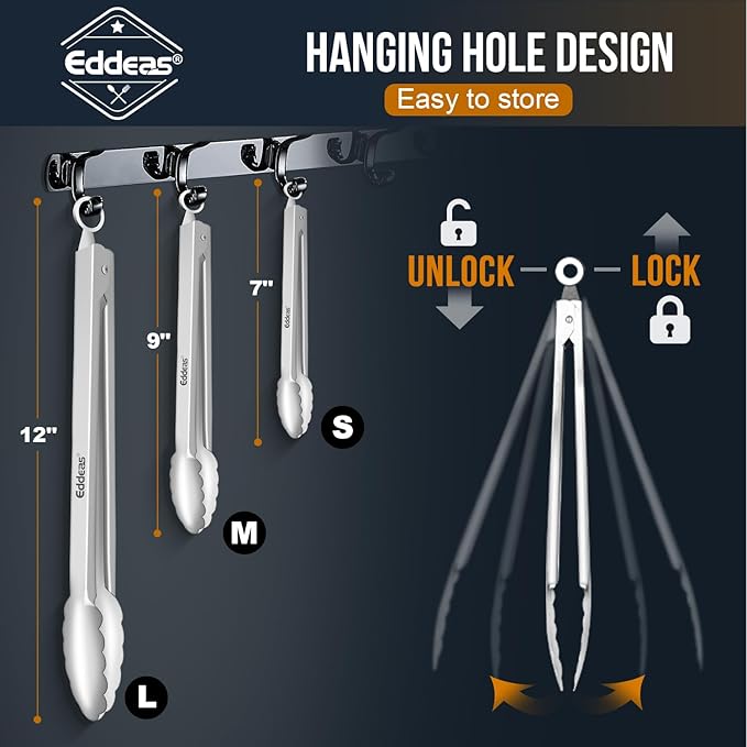 Eddeas 2 Pcs 7 Inch Small Tongs, Heavy Duty Stainless Steel Kitchen Tongs, For Cooking, Food, Buffet, Salad, Fruits, Bread, Dishwasher Safe