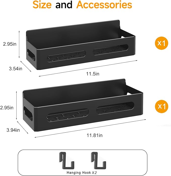 Sevenblue 2 Pack Strong Magnetic Spice Rack for Refrigerator, Multipurpose Magnetic Shelf for Fridge with 4 Hooks for kitchen and Bathroom Organization, Black