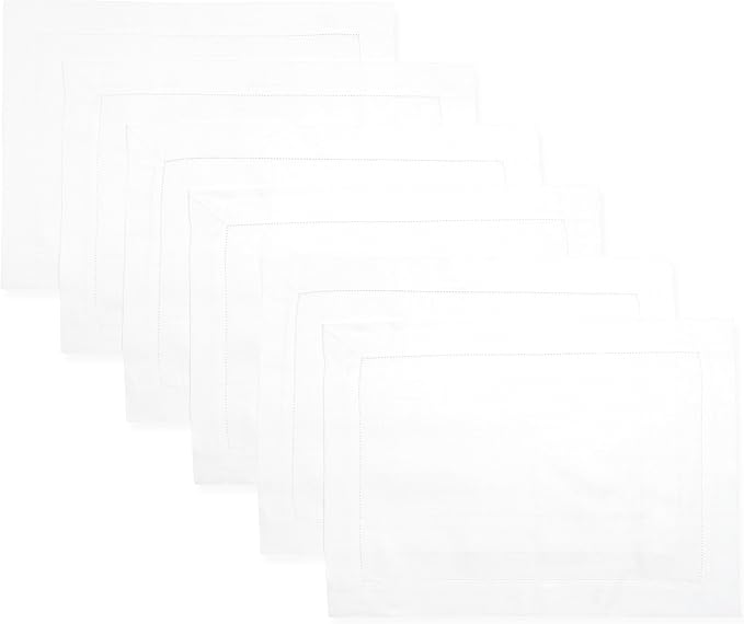 D'Moksha Homes White Linen Placemats Set of 6 - Classic Hemstitch Placemats 14 x 19 Inch - 100% Pure Linen Table Mats for Mothers Day, Spring - Handcrafted and Machine Washable