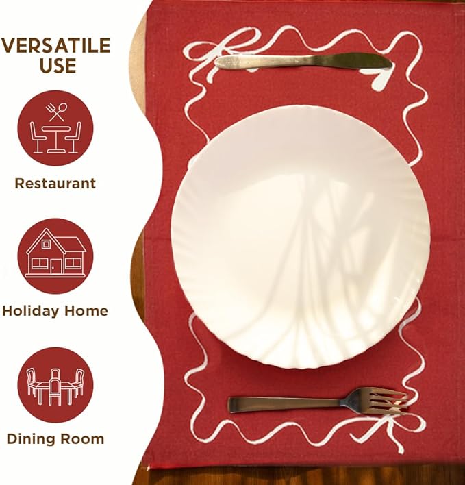 Folkulture Placemats Set of 4 (13 x 18) | 100% Cotton,Cute, Heat Resistant,Machine Washable Place Mats | Red & White Rectangular Cloth Table Placemats or Dining Table Mats for Dinner Party