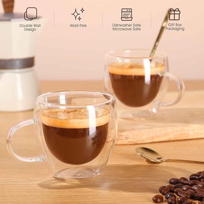 VENVENWEAVS Espresso Cups Set Of 2,Double Wall 5OZ Hand Blown Espresso Shots Glass,Espresso Coffee Mugs In Gift Box,Perfect For Espresso,Latte,Cappuccinos,Tea Bag,Juice