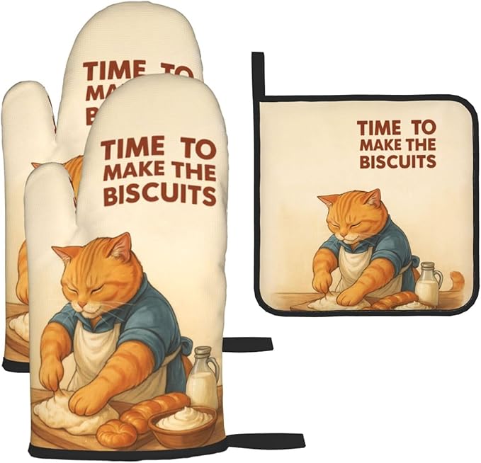 Cute Cat Oven Mitts and Pot Holder Set, Funny Heat Resistant Kitchen Gloves Hot Pad, Cooking Baking Lovers Spring Easter Gifts for Women, Whimsical Kitchen Decor & Gifts for Chef Cooks Cat Lovers Mom