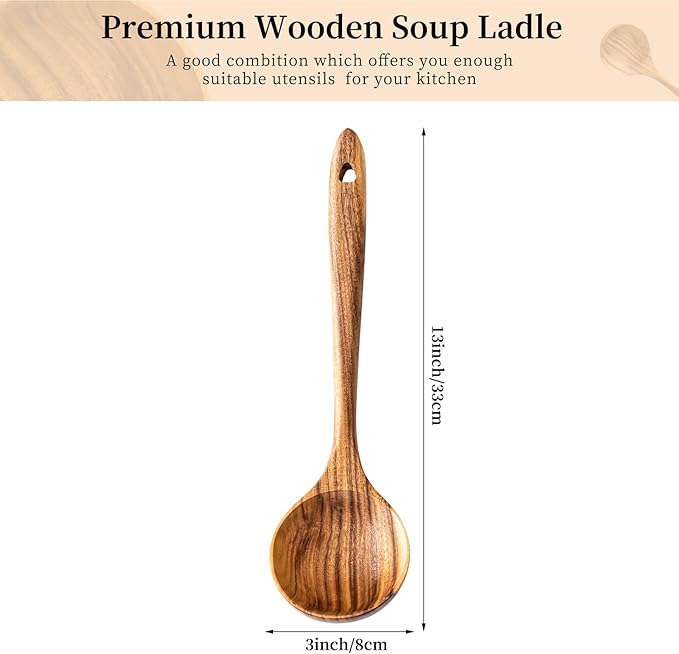 Gudamaye Wooden Soup Ladles, Natural Teak Wooden Spoons, 13 inch Big Deep Ladle for Cooking, Wood Kitchen Utensils Set