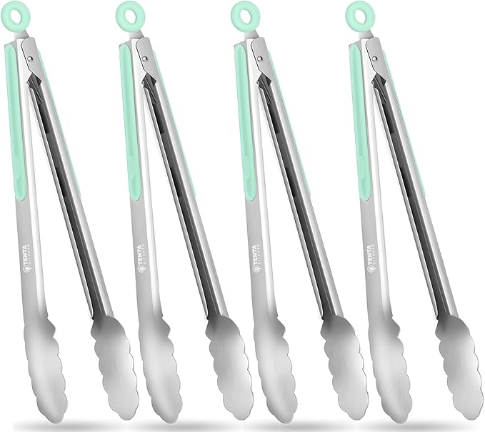 Tongs for Cooking, 12-Inch Stainless Steel Kitchen Tongs, Locking Metal Food Tongs with Silicone Non-Slip Grip, Kitchen Utensils for Food, Salad and Outdoor BBQ, Set of 4 (Mint Green)