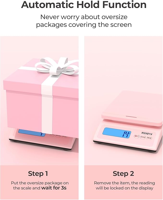MUNBYN Shipping Scale, Accurate 66lb/0.1oz Postal Scale with Sweet Pink Style, Hold/Tear/PCS Function, Auto-Off, Battery & AC Adapter, Back-Lit LCD Display, Digital Scale for Packages and Food Pink
