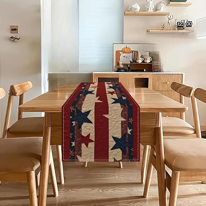 Independence Day Table Runner Red Patriotic 13x60 Inch , Flax 4th of July Table Decoration ,Red White and Blue Table Runners for Holiday Decor Dinging ,Party ,Kitchen