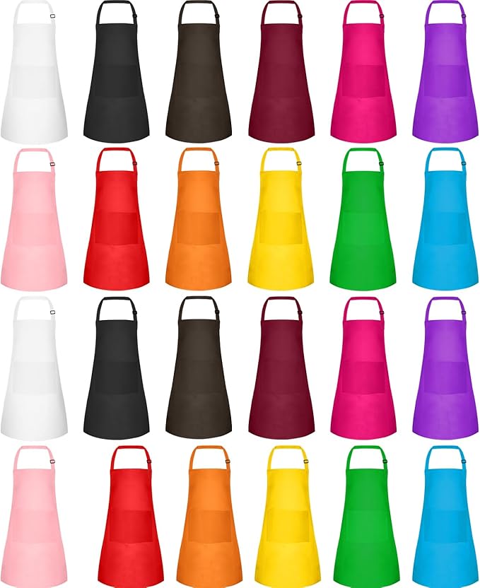 24 Pack Kids Apron bulk with 2 Pockets Adjustable Chef Art Apron Kids Painting Aprons for Cooking Baking Painting Crafting Grilling Activity（12 Color）