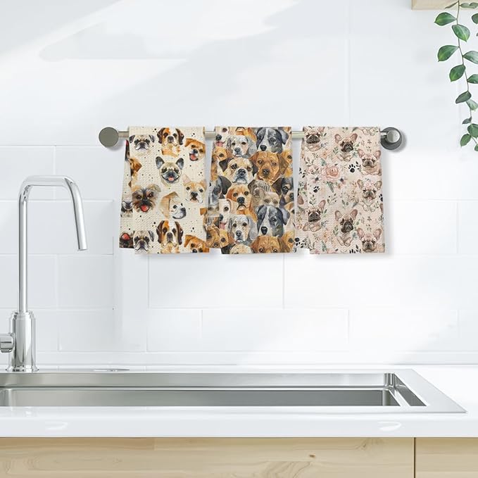 3 Pcs Vintage Dog Portrait Kitchen Towels, Cute Pug Decorative Absorbent Microfiber Dish Cloth Tea Towel, Waffle Soft Hand Towels for Kitchen Home Bathroom, Dog Lover Gifts for Women
