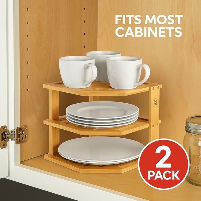 2-Pack Plate Organizer for Cabinet - Bamboo Corner Shelf for Kitchen or Bathroom Storage, Space-Saving Rack for Dishes, Countertop, Cabinet, Pantry - Organization & Housewarming Gift