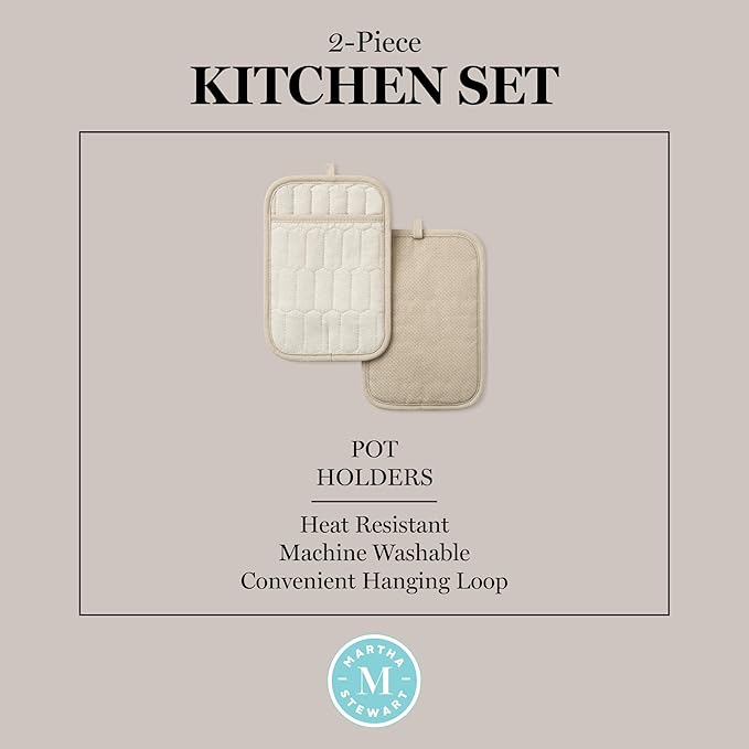 MARTHA STEWART Honeycomb Quilted Chambray Pot Holder 2-Pack Set, 100% Cotton, Flexible Non-Slip Silicone Grip, Heat Resistant, Natural, 7"X10"