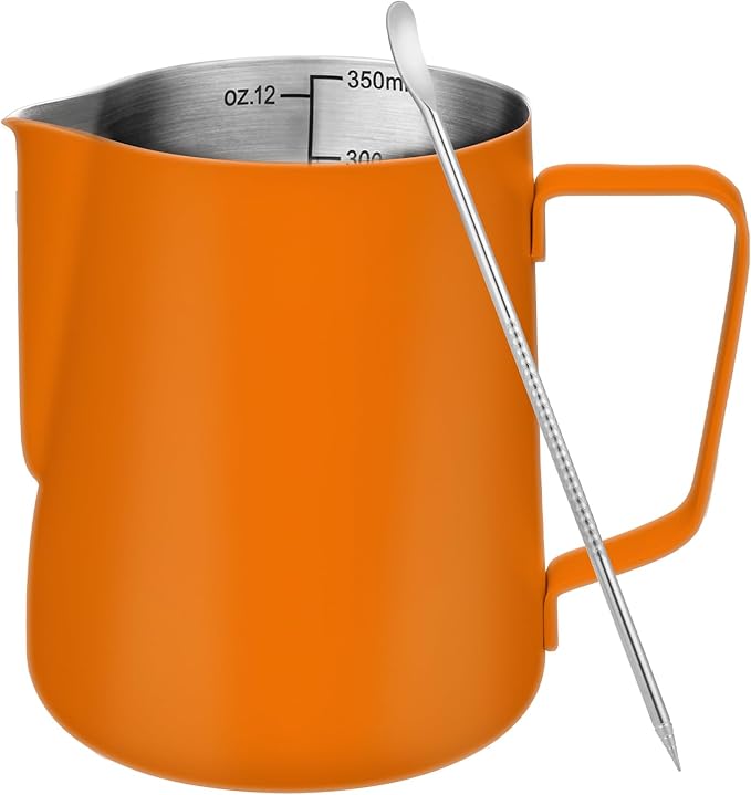Amrules Milk Frothing Pitcher, 12 oz Milk Frother Cup with Clear Scale, 304 Stainless Steel Cappuccino Espresso Machine Accessories for Barista Coffee Bar with Latte Art Pen, Orange