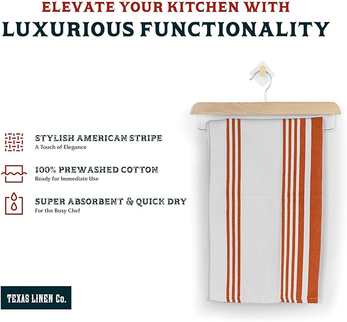 TEXAS LINEN CO. American Stripe Kitchen Towels 100% Cotton Pack of 6, Highly Absorbent Quick Drying, Soft Dish Towels 20x30 Inch for Kitchen w Hanging Loop, Hand & Tea Towel - Orange & White Striped