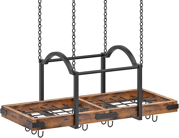 HOOBRO Hanging Pot Rack, 32-Inch Pot Hanger for Kitchen, Hanging Pan Rack with 10 Detachable S Hooks, Sturdy Metal Fram, for Pot, Pan Storage, Space-Saving, Rustic Brown and Black BF80TL01