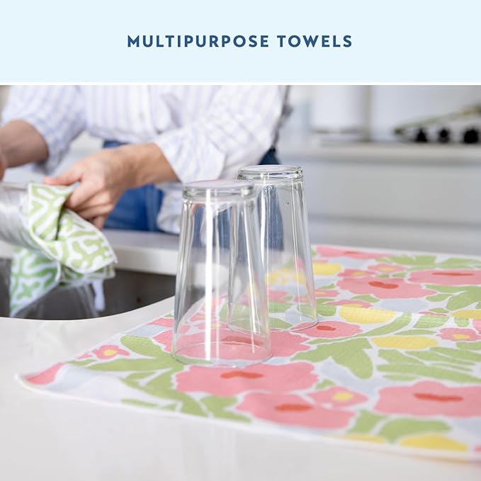 ELYN Microfiber Kitchen Dish Towel Set, Quick-Dry & Absorbent Waffle Weave Cleaning Towels, Set of 4 Kitchen Towels, Paper Towels Alternative (Magnolias & Stripe)
