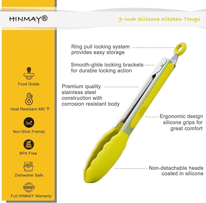 HINMAY Silicone Tipped Tongs 9-Inch Kitchen Cooking Tongs, Set of 3 (Yellow)