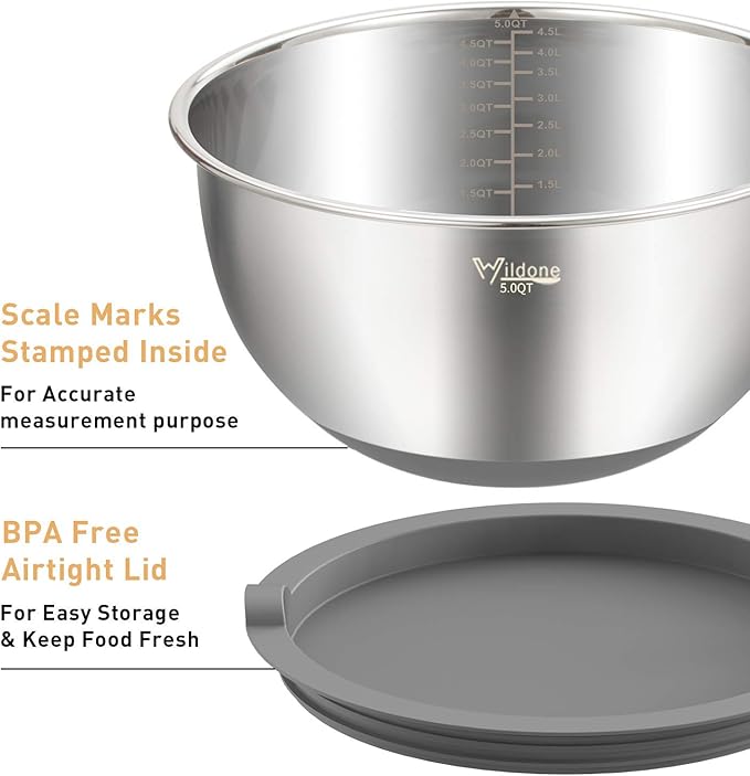 Wildone Mixing Bowls with Airtight Lids Set, 5PCS Stainless Steel Nesting Bowls Set for Kitchen, with Grater Attachments & Non-Slip Bottoms, Size 5, 3, 2, 1.5, 0.63 QT, Great for Baking & Serving