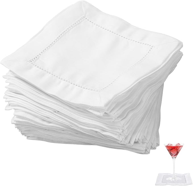 50pcs Linen Hemstitch Cocktail Napkins, 15x15cm/6x6in Reusable Square Cotton Fabric Cloth Beverage Napkins Suitable for Wedding Birthday Baby Shower Party Home Bar Supplies (White)