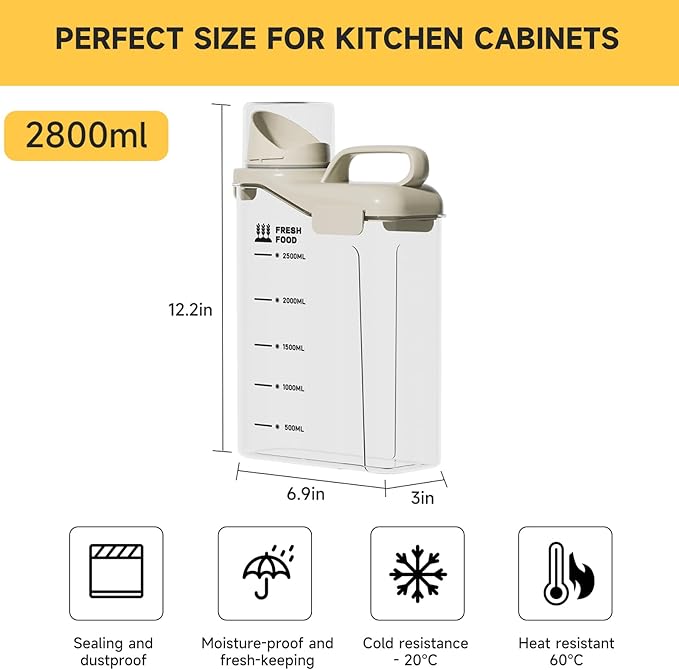 Rice Containers 5.5LBS, and Cereal Storage Dispenser-Airtight Food Storage Organizers BPA free Plastic Kitchen Storage Containers food-grade PET material Suitable for rice, cereal, flour,etc（4PC）