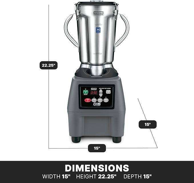 Waring CB15T Blender with Timer, Stainless Steel Container, 120V, 4 L Capacity, 26" Height, 15 Amps, Black