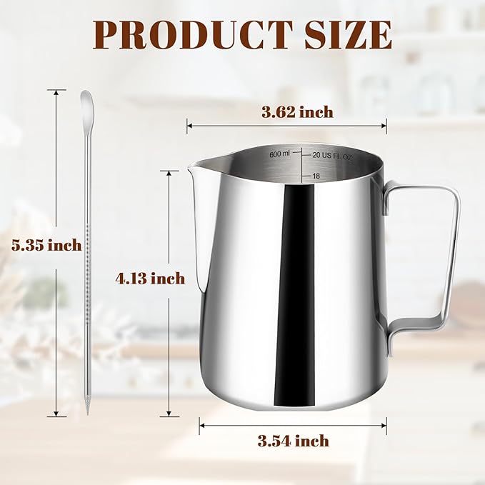 Amrules Milk Frothing Pitcher, 20oz Milk Frother Cup with Clear Scale, 304 Stainless Steel Cappuccino Espresso Machine Accessories for Barista Coffee Bar with Latte Art Pen, Silver
