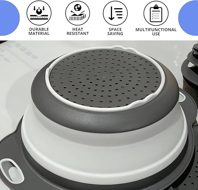 White Round Silicone Collapsible Colander – Silicone Round Kitchen Strainers with Plastic Handles Small Foldable Kitchen Strainer Perfect for Draining Pasta Vegetable and Fruit