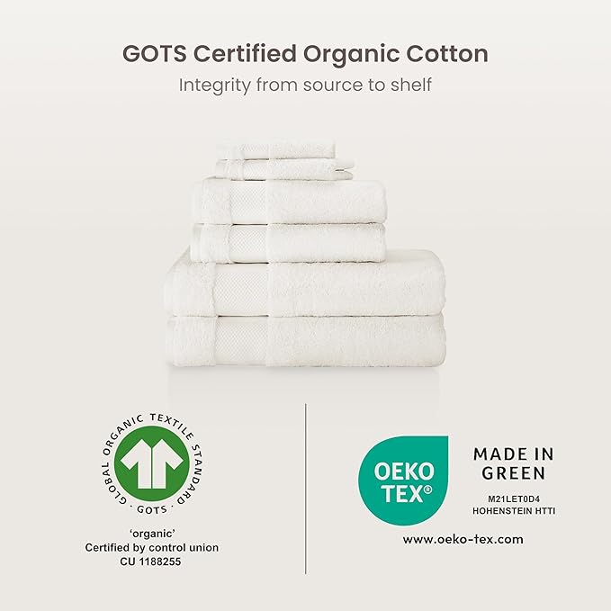 BIOWEAVES 100% Organic Cotton 700 GSM Plush 6-Piece Towel Set GOTS Certified, 2 Bath Towels, 2 Hand Towels & 2 Washcloths - Ivory