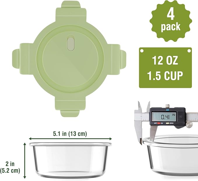 Freshmage 12oz Glass Meal Prep Containers, 1.5 Cup Food Storage Container with Lid Airtight, BPA-Free, Borosilicate Glass Soup Container for Leftovers, Microwave Oven Dishwasher&Freezer Safe (4 Pack)