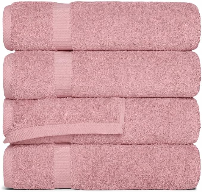 SALBAKOS 100% Turkish Cotton Bath Towel Set of 4 27x54 inch | Heirloom Quality | Hotel & Spa Collection | Ultra Soft, Super Absorbent, Long Lasting Bath Towels | Made in Turkey (Rose, 4 Bath Towels)