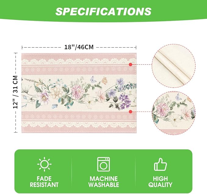 Artoid Mode Pink Printed Lace Floral Spring Placemats Set of 4, 12x18 Inch Seasonal Summer Holiday Table Mats for Party Kitchen Dining Decoration